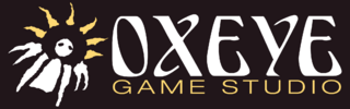 A simplified drawing of a daisy with what seems to be eyes in the pistil. To its right are the words "OXEYE GAME STUDIO", with the "OXEYE" being larger than the "GAME STUDIO". It is overlaid on a deep brown, nearly black background