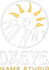 A simplified drawing of a daisy with what seems to be eyes in the pistil. At the bottom is the words "OXEYE GAME STUDIO", with the "OXEYE" being larger than the "GAME STUDIO".